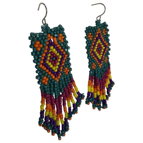 Native American Beaded Dangle Earrings 3" Southwestern Bohemian Artesian - Picture 3 of 8